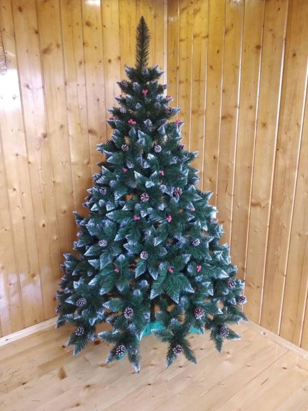 Искусственная ель РОЖДЕСТВЕНСКАЯ с белыми кончиками, шишками и калиной красной 150 см