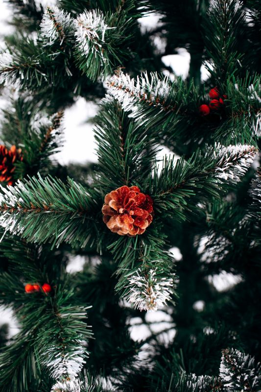 Искусственная ель РОЖДЕСТВЕНСКАЯ с белыми кончиками, шишками и калиной красной 150 см