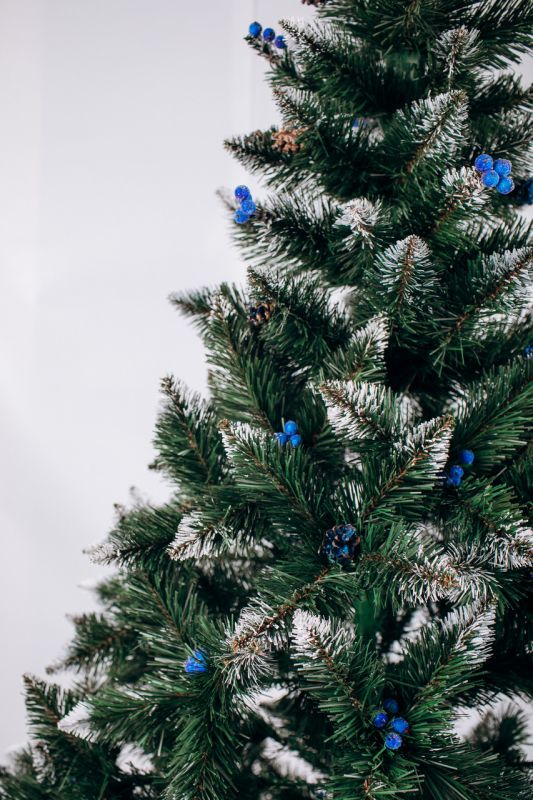 Искусственная ель РОЖДЕСТВЕНСКАЯ с белыми кончиками, шишками и калиной синей 150 см