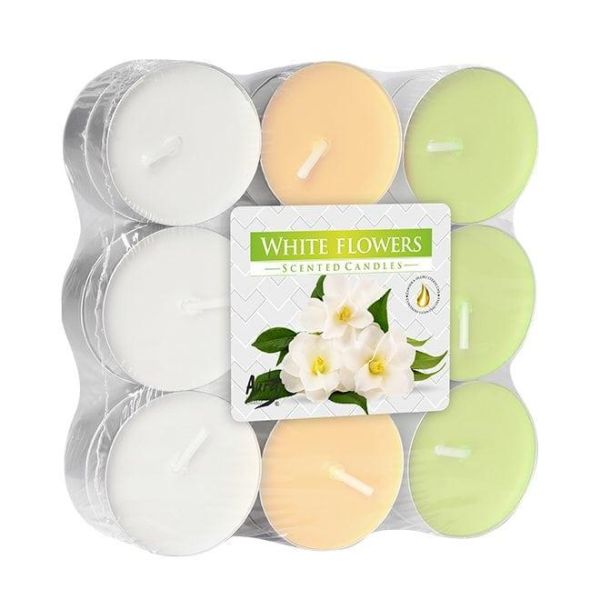 Свічка чайна пігулка ароматична Bispol мікс Білі квіти D-3,9 см. 18 шт.