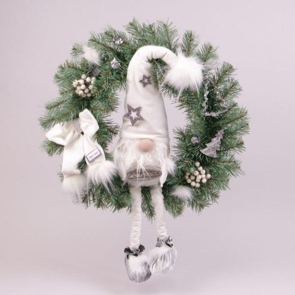 Венок новогодний с гномом в белой шапке 50 см. 16483