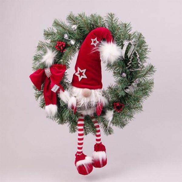 Новогодний венок с гномом в красной шапке 40 см. 16478