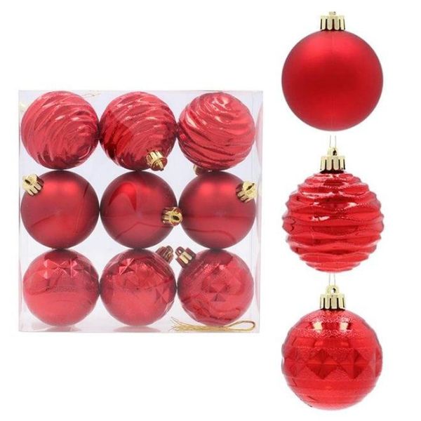Набор пластиковых красных новогодних шаров 9 шт. D-6 см. 43124