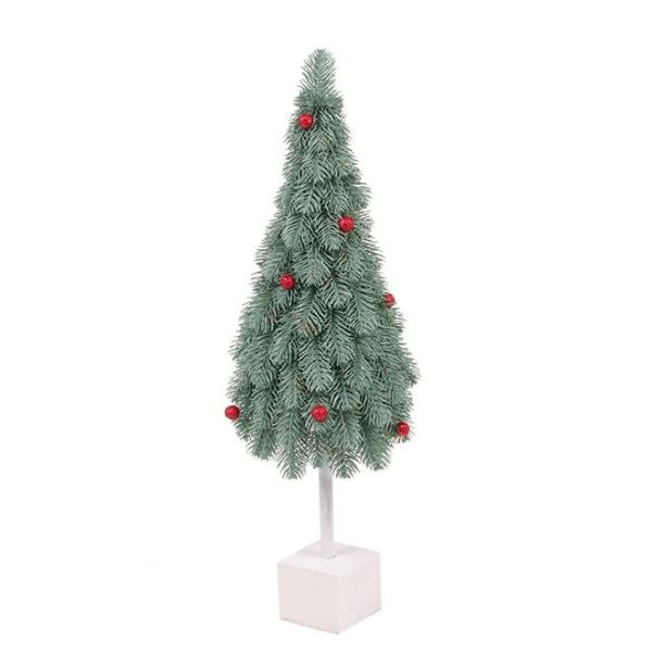 Елка литая на деревянной подставке голубая с красными шариками 62 см.