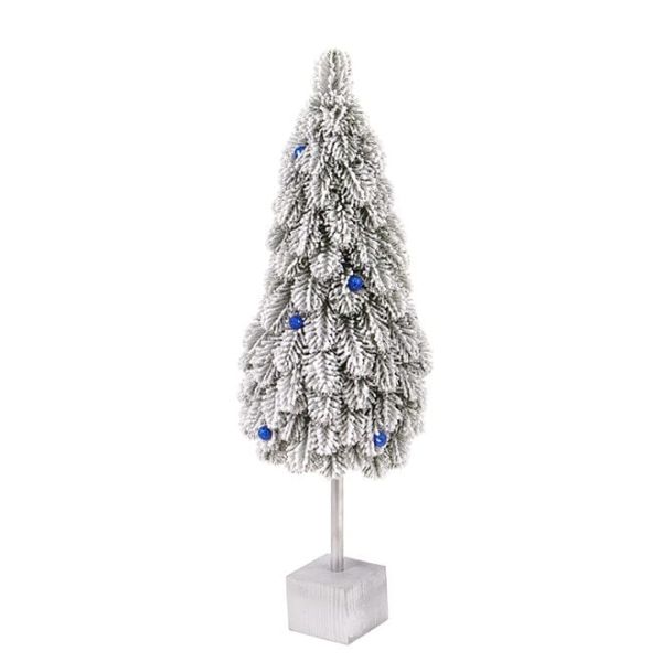 Елка литая на деревянной подставке заснеженная с синими шариками 62 см.